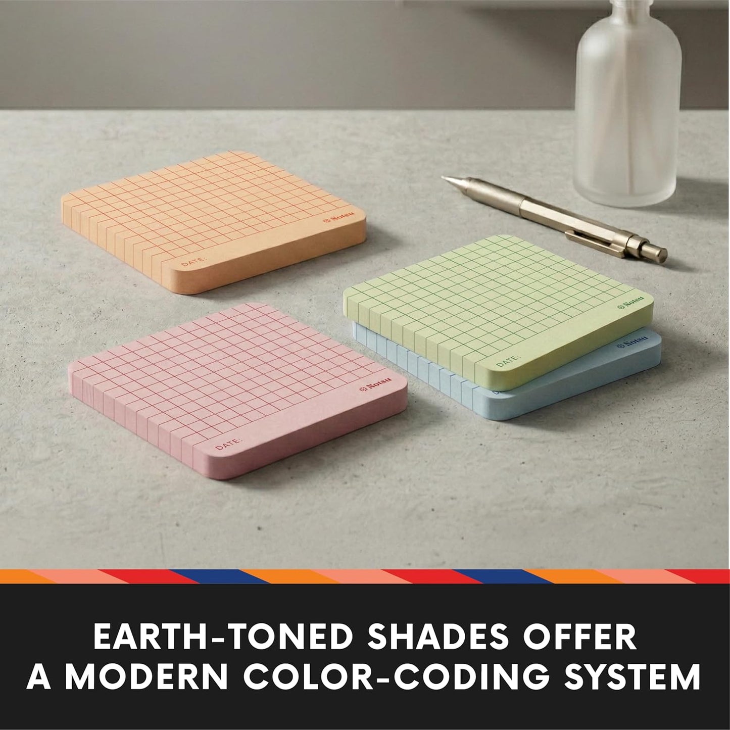 Notsu Graph Grid Sticky Notes 4pk | Premium Thick Paper 120g | Colorful Pastel Graphing Memo Pads with Date, 3" x 3"