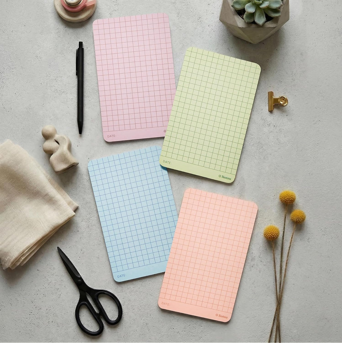Notsu Graph Grid Note Cards 3x5 | 40-Count | 350gsm Pastel Color Index Cards with Rounded Corners