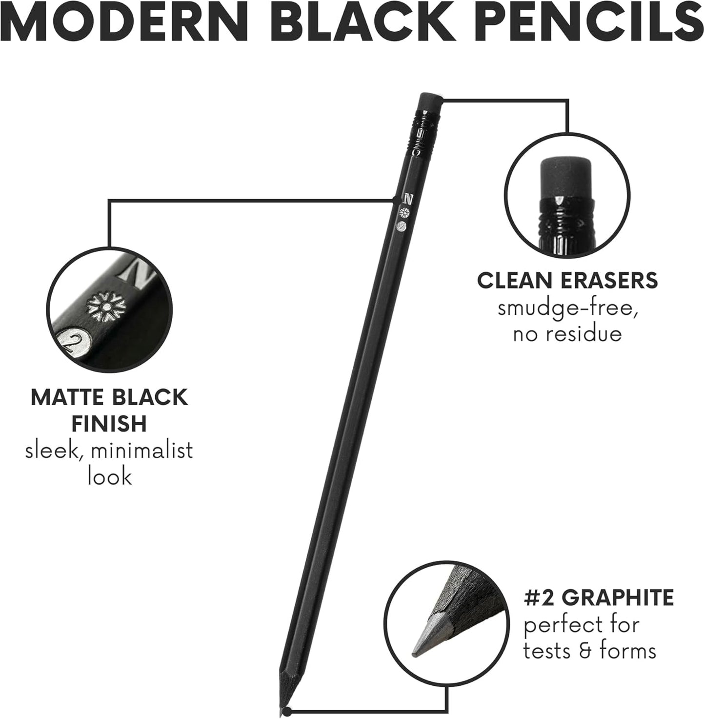 All Black #2 Pencils - Matte Black Premium Pencils with Erasers (Set of 4)
