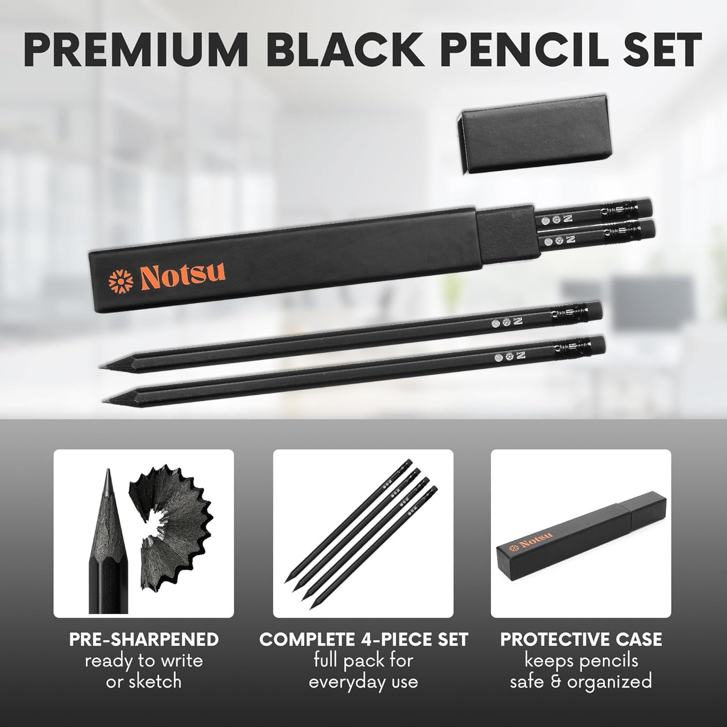 All Black #2 Pencils - Matte Black Premium Pencils with Erasers (Set of 4)