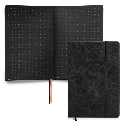Pitch Black Dot Grid Notebook A5 – 160 Black Pages, 150gsm, Vegan Leather | Notsu