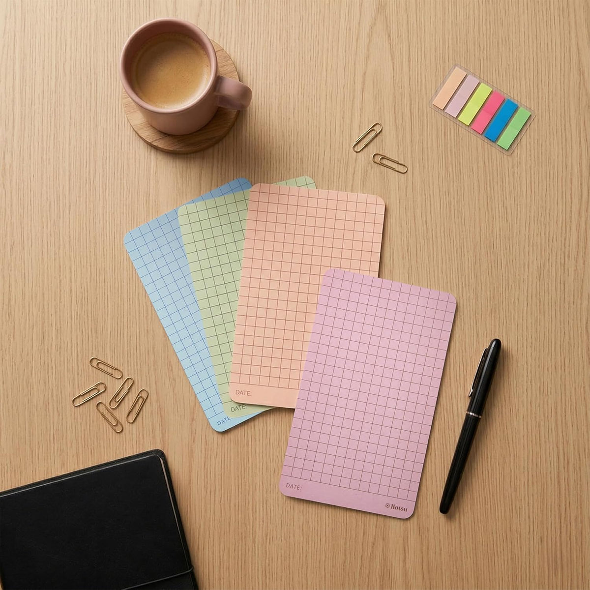 Notsu Graph Grid Note Cards 3x5 | 40-Count | 350gsm Pastel Color Index Cards with Rounded Corners