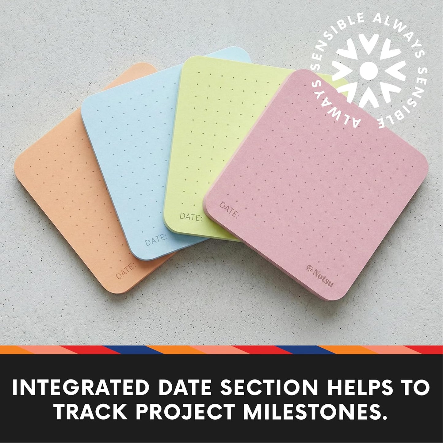 Notsu Dot Grid Sticky Notes 4pk | Premium Thick Paper 120g | Colorful Pastel Dotted Memo Pads with Date, 3" x 3"