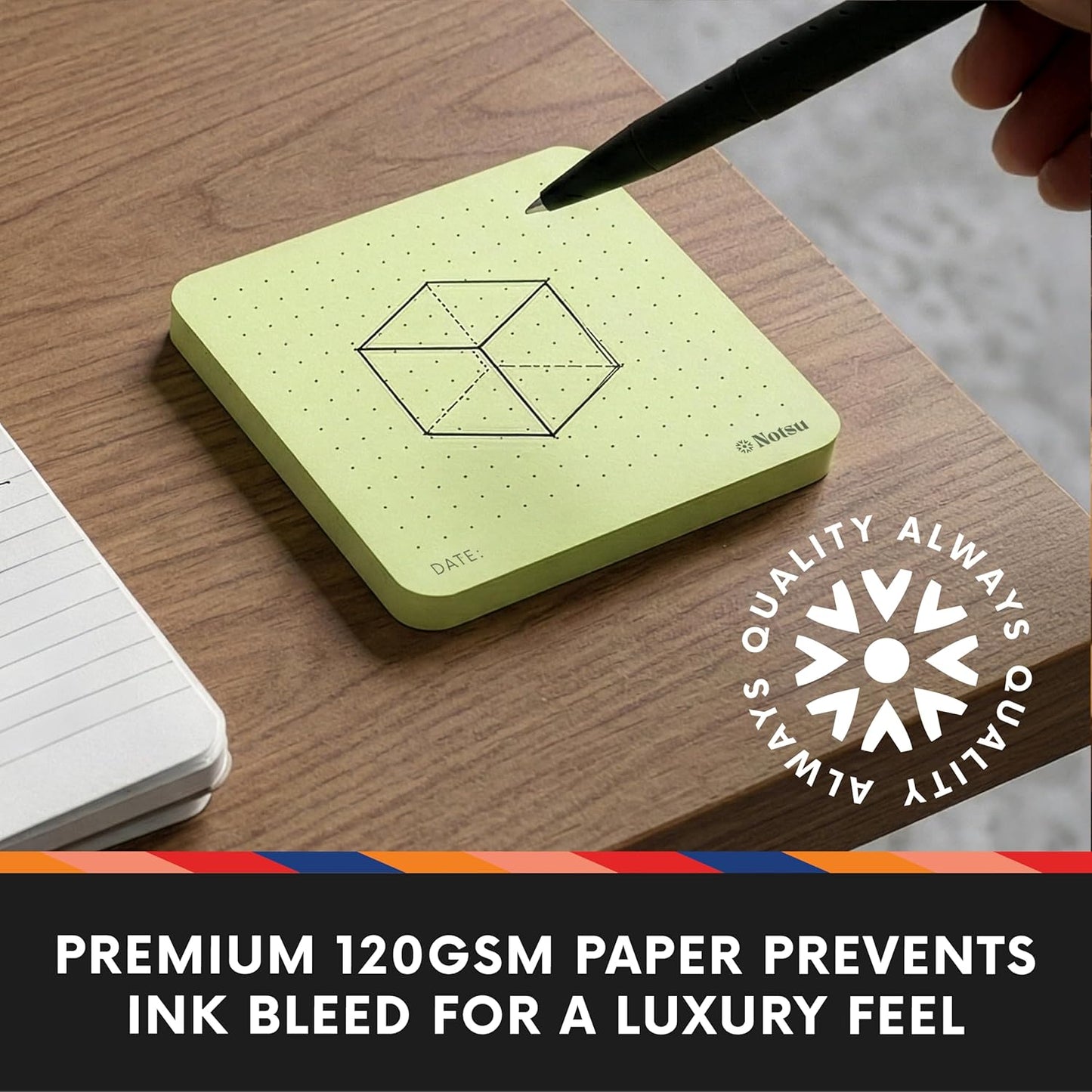 Notsu Dot Grid Sticky Notes 4pk | Premium Thick Paper 120g | Colorful Pastel Dotted Memo Pads with Date, 3" x 3"